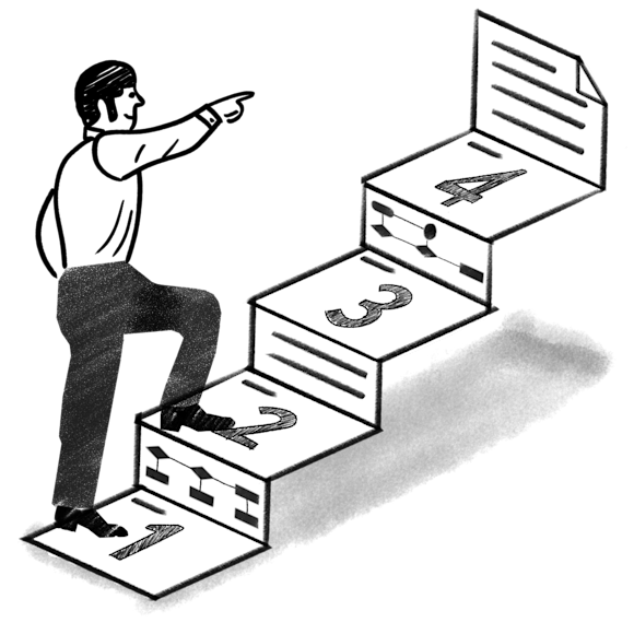 Man walking up numbered stairs