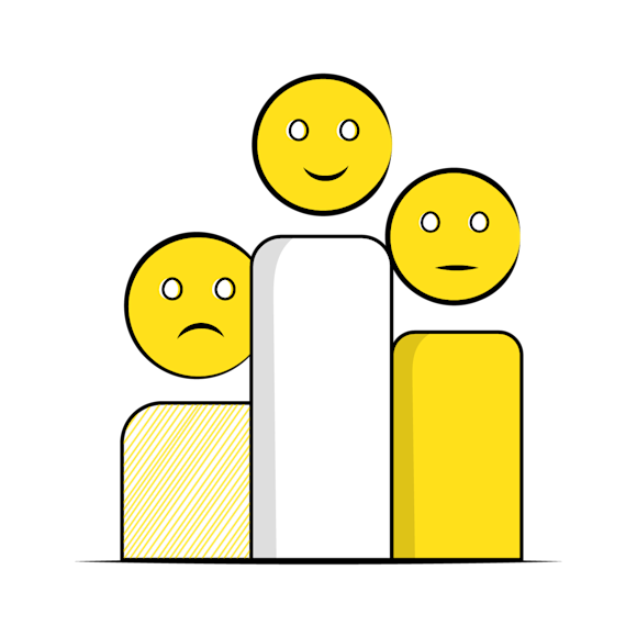 Bar chart with three columns showing different heights, topped with emoji faces expressing happy, neutral, and sad emotions