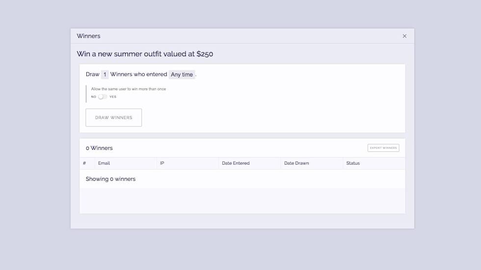 Image of drawing winners modal within ViralSweep