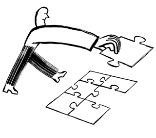 Person finishing six piece puzzle.