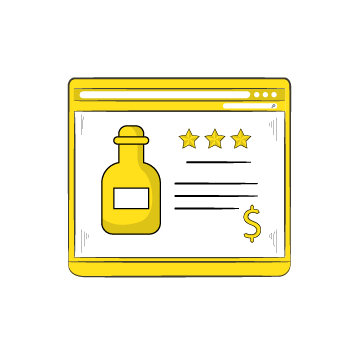 product page design - Simple yellow line drawings showing browser window, document, jar, and star rating icons in a horizontal sequence