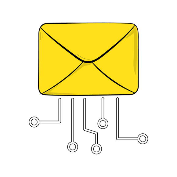 Yellow envelope icon with digital circuit connections extending below, representing electronic mail or digital communication