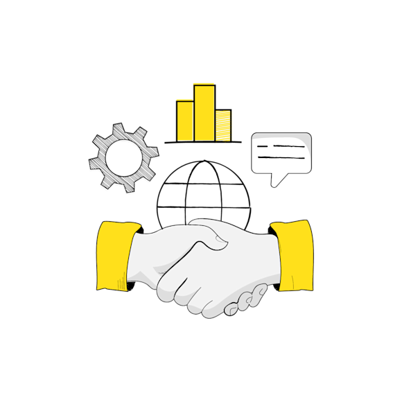 two hands shaking with different business icons 