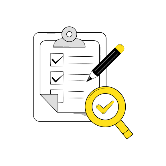 Clipboard with checklist and pencil and a magnifying glass