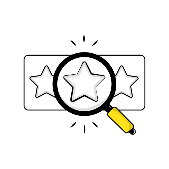showcase testimonials - Magnifying glass with yellow handle focusing on middle star in three-star rating display, shown in simple line art style