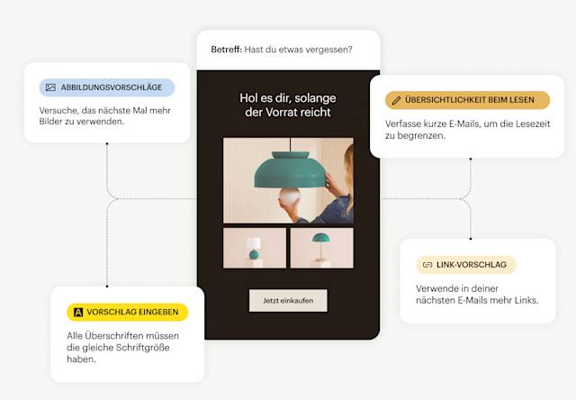 Mobile Benutzeroberfläche mit KI-Funktionen wie Bildvorschlägen, Lesbarkeit, Linkvorschlägen und Tippvorschlägen