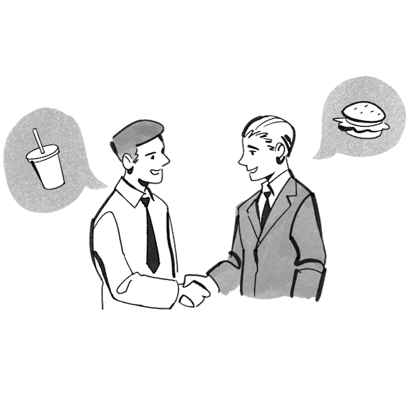 Two businessmen shaking hands with thought bubbles showing a drink cup and hamburger, illustrated in simple black and white sketch style