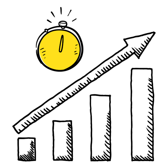 Graphic of a bar chart with an upward arrow and a timer 