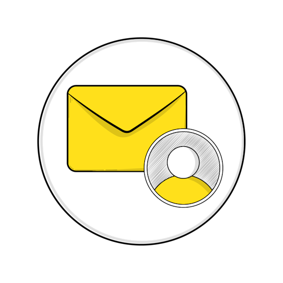 Yellow envelope icon and user profile symbol in a white circular frame, line art illustration style