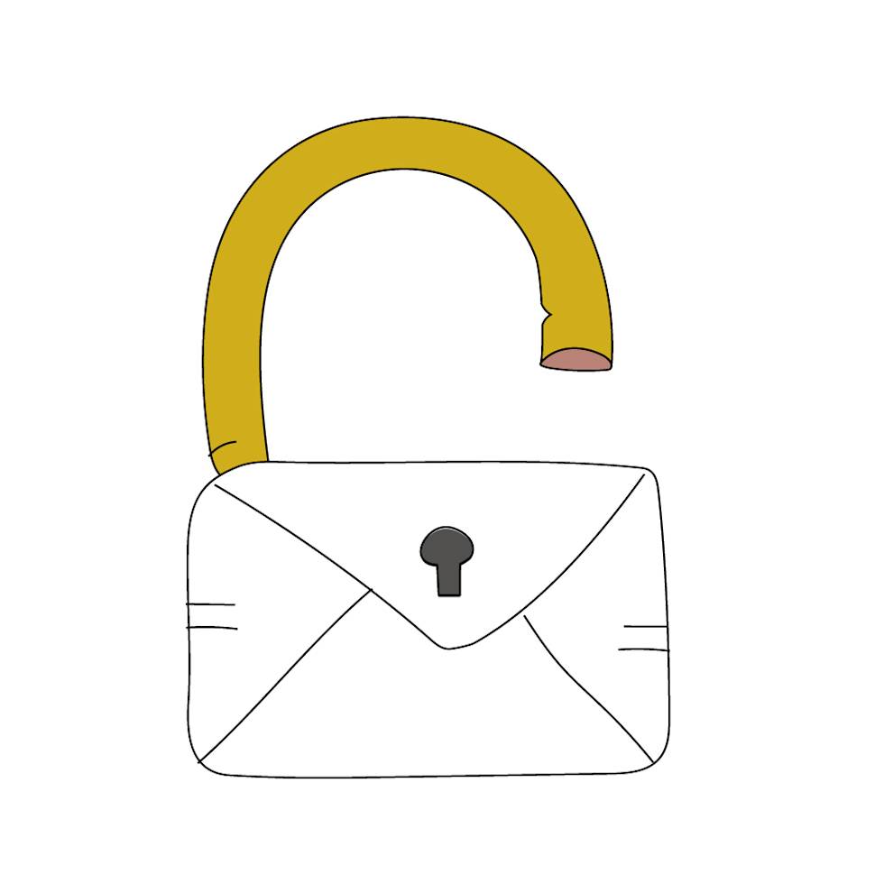 An unlocked envelope-shaped padlock with a gold curved shackle and white base, featuring a keyhole in the center