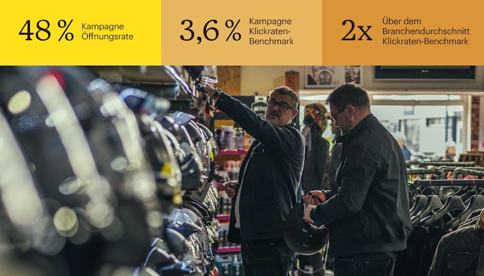 Zwei Männer schauen sich Helme in einem Motorradgeschäft an, beide tragen dunkle Jacken und Brillen. Ein Mann greift nach einem Regal mit verschiedenen Motorradhelmen. Der andere Mann hält einen schwarzen Helm in der Hand.