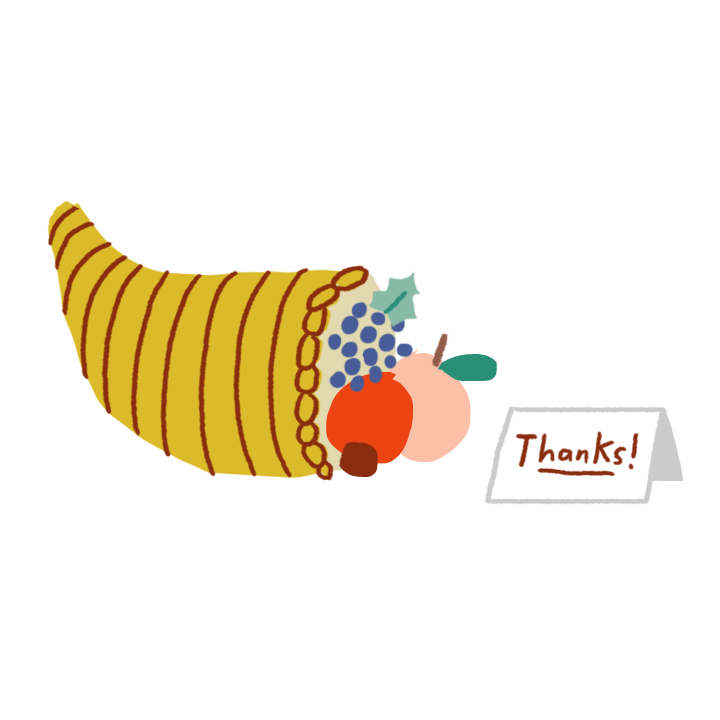 Illustration of a yellow cornucopia with fruit and berries spilling out, next to a small "Thanks!" card