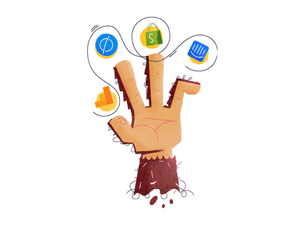 Cartoon monkey hand emerging from ground with app icons floating above, including Shopify and social media symbols