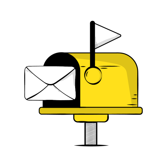 A yellow mailbox with a white envelope inside, mounted on a metal post, drawn in a simple cartoon style