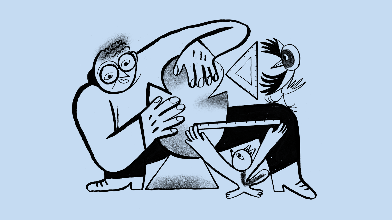 Black and white cartoon illustration of figures in dynamic motion, with abstract curved lines suggesting movement and energy