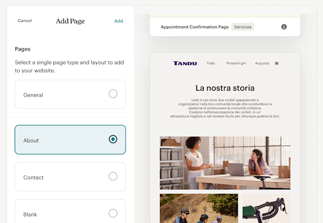 Un sito web di e-commerce in fase di costruzione nel page designer di Mailchimp, pronto a creare una nuova pagina Informazioni con un solo clic.