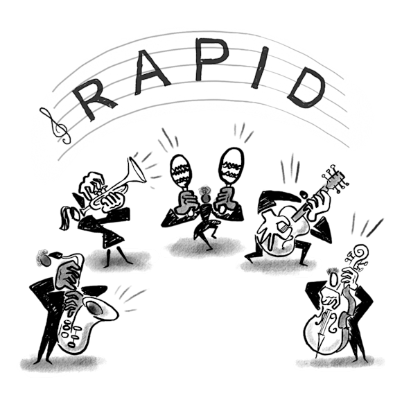 People playing instruments with the word “RAPID” above