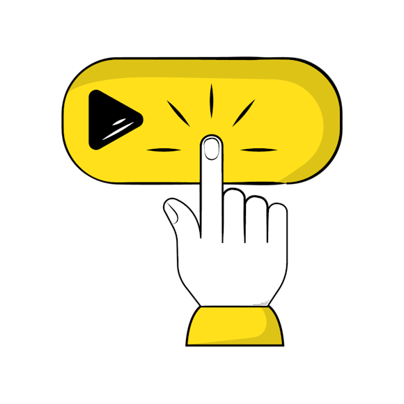 A cartoon illustration of a hand with two fingers extended, reaching up to touch or press a yellow play button icon