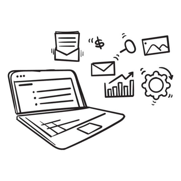 Hand-drawn sketch of a laptop with floating icons representing email, settings, analytics, and images in a minimalist black line style