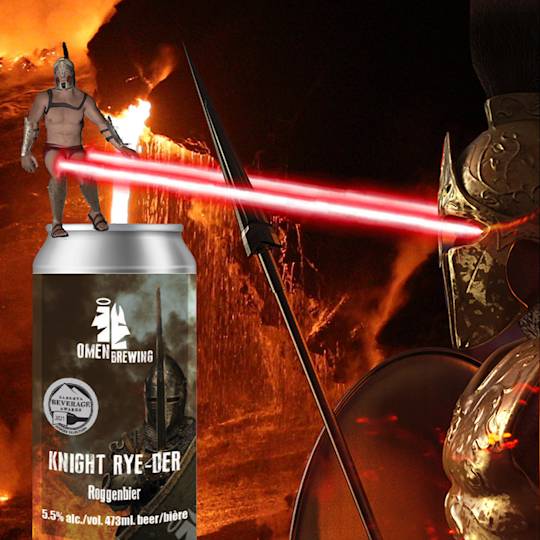 A gladiator-like warrior atop an Omen Brewing beer can shoots red laser beams at an armored opponent against a fiery background