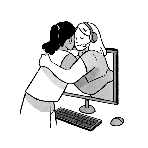 two women hugging through a computer monitor