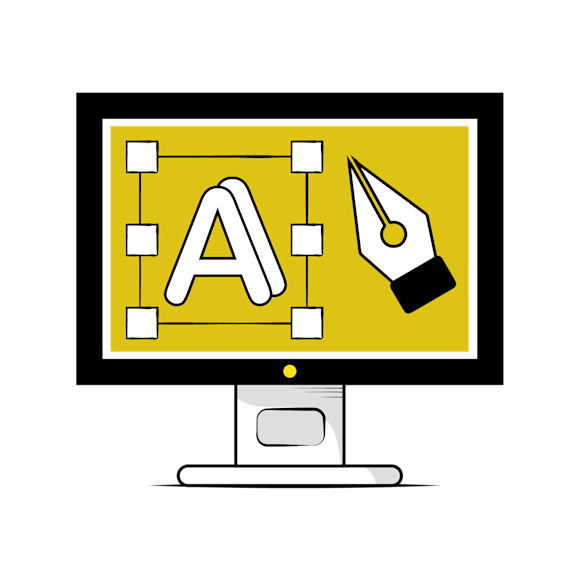 BIMI - Computer monitor displaying a stylized letter 'A' design on a yellow background with white squares arranged around it