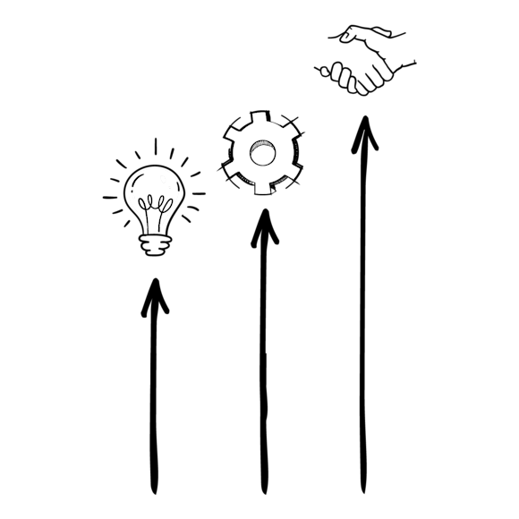 Graphic of three upward arrows with a lightbulb, service icon, and hands shaking