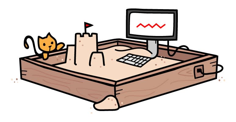 A wooden sandbox with a sandcastle, computer monitor showing red graph, keyboard, and orange cat sitting on the edge