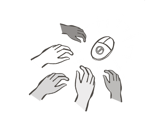 Hands reaching for a computer mouse