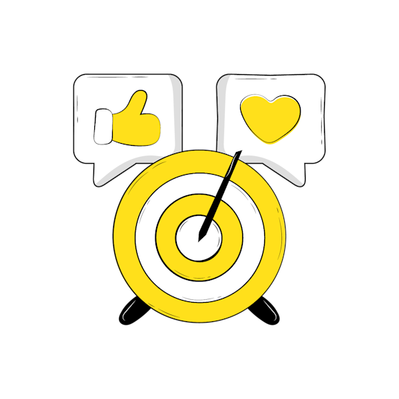 Bullseye and a thumbs up and heart emoji in speech bubbles