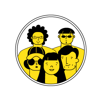 meet the team - simple cartoon illustration of five yellow faces with different hairstyles and expressions in a circular frame