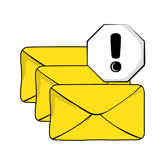 spam filters catch misleading messages concept - Three yellow envelopes with a white warning sign containing an exclamation mark above them