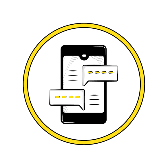 sms workflow components concept - Black smartphone with text messages shown as white speech bubbles with yellow dots, enclosed in a yellow circle