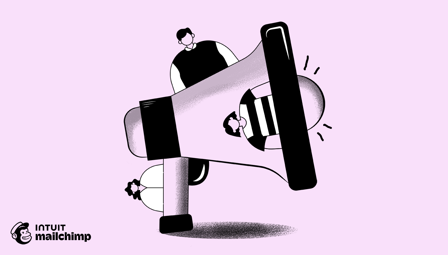 Stylized black and white illustration of three figures peeking around a large megaphone against a pink background, with Mailchimp logo