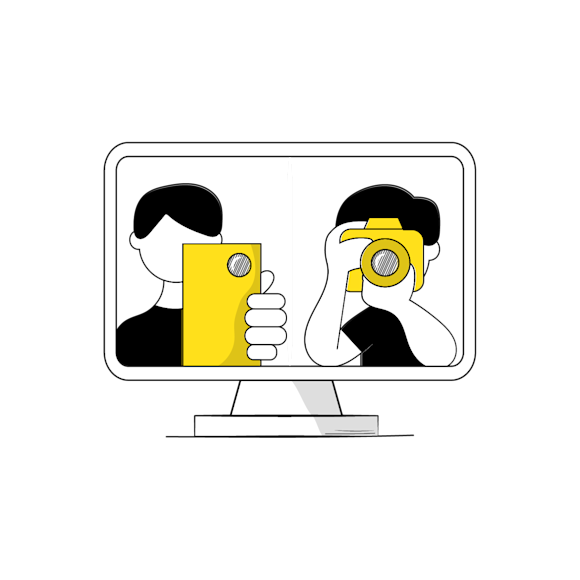 Illustration of influencer holding phone up and content creator holding up a camera