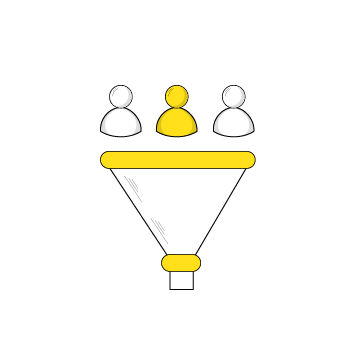 manage your pipeline - Simple line drawing showing three abstract figures with the middle one highlighted in yellow, connected by a funnel below