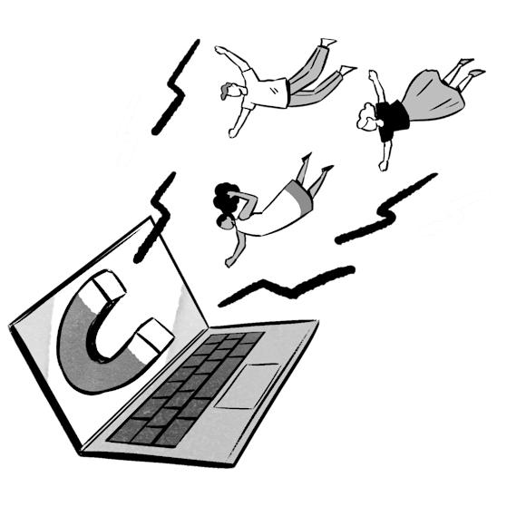 people being ‘pulled’ into a magent on a laptop screen