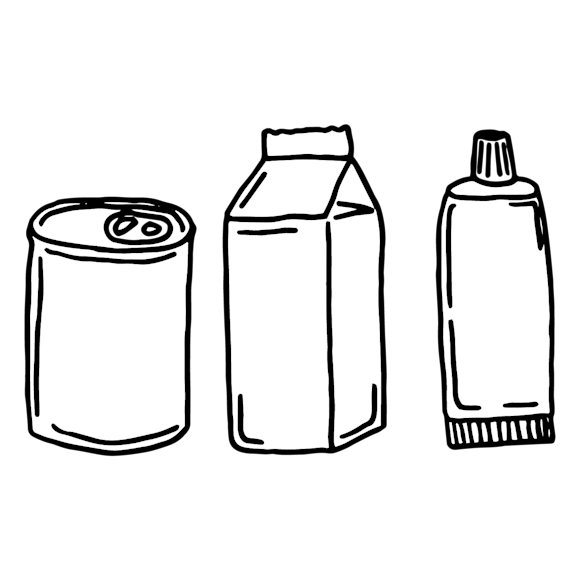 a food can, milk carton, and toothpaste tube