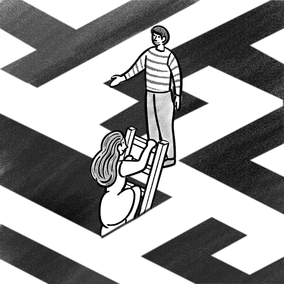 Woman climbing up a ladder