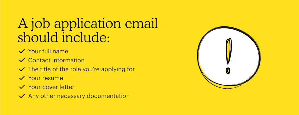 Graphic with an exclamation mark at the headline "A job application email should include"