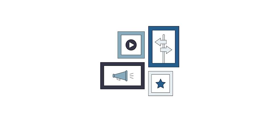 Four framed icons arranged in a cluster: a play button, directional signpost, megaphone, and blue star in simple line art style