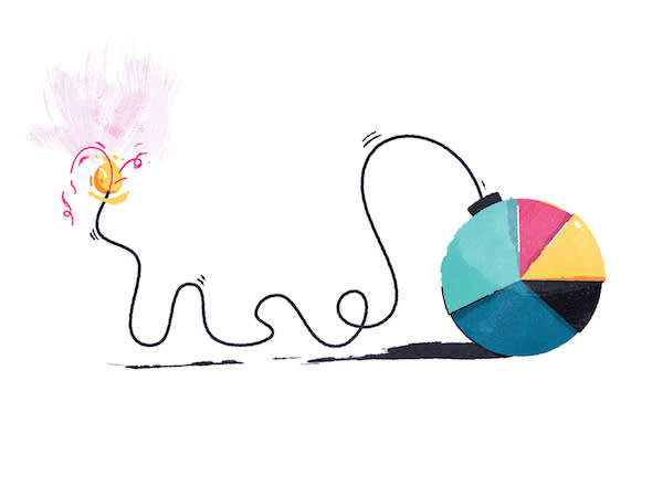 A simple line drawing of an old school bomb portrayed as a colorful pie chart