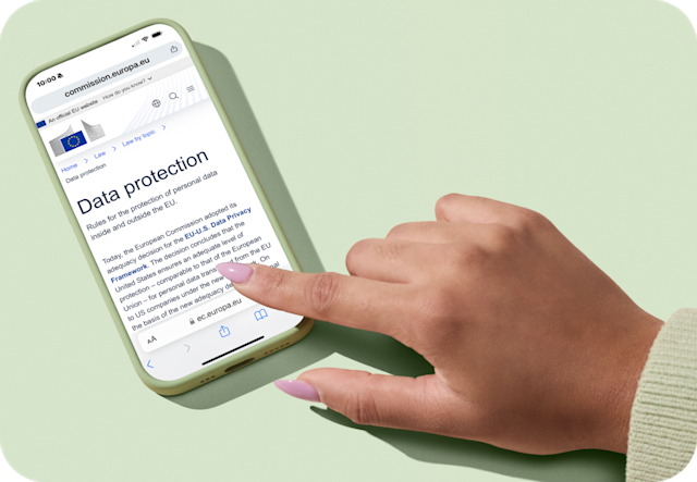 Mobile phone with "data protection" rules on screen
