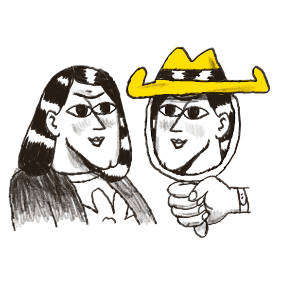 Person looking in a hand-held mirror