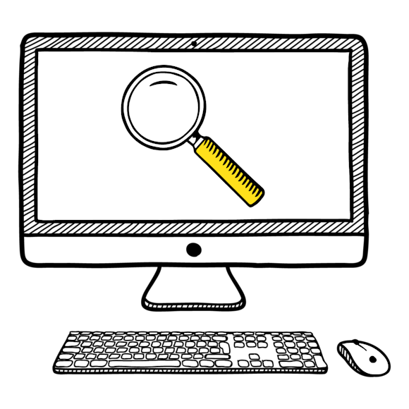 computer with magnifying glass on the screen