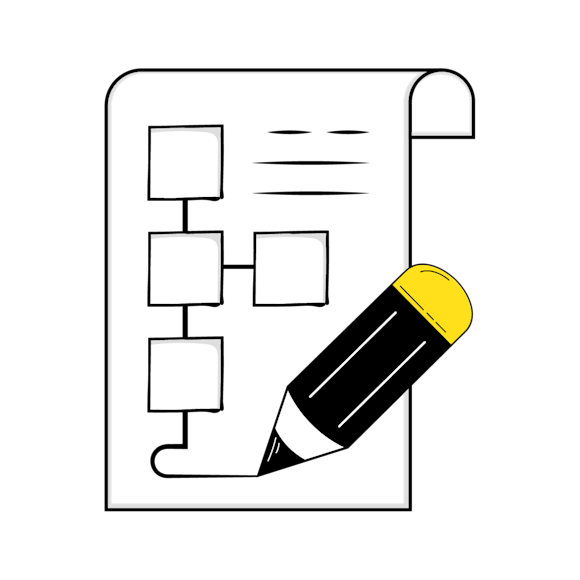A simple flowchart diagram with empty boxes being drawn by a black pencil with yellow eraser, shown on a white paper