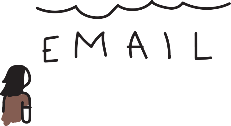 Simple line drawing of an email icon with a black silhouette figure sitting on the letter 'E'