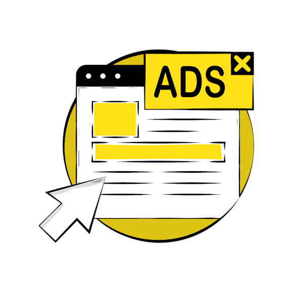 Stylized browser window with "ADS" text in yellow and black, featuring a minimalist sketch design with abstract shapes and lines
