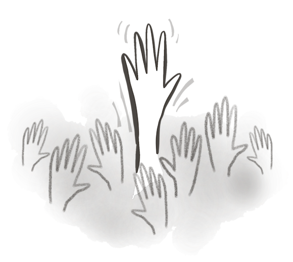 Raised hands, with one standing out