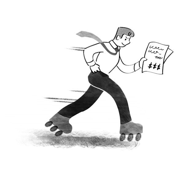 Man on roller skates with a sales quote